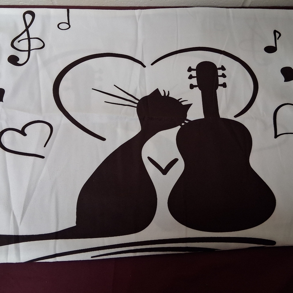2pc Standard Pillowcase With A Black And White Silhoutte Of A Cat And Guitar.